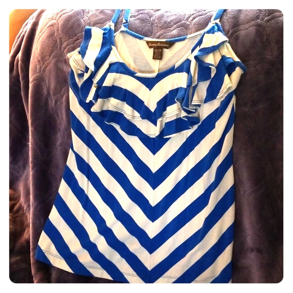 Tommy Bahama XS ruffled blue and white tank top